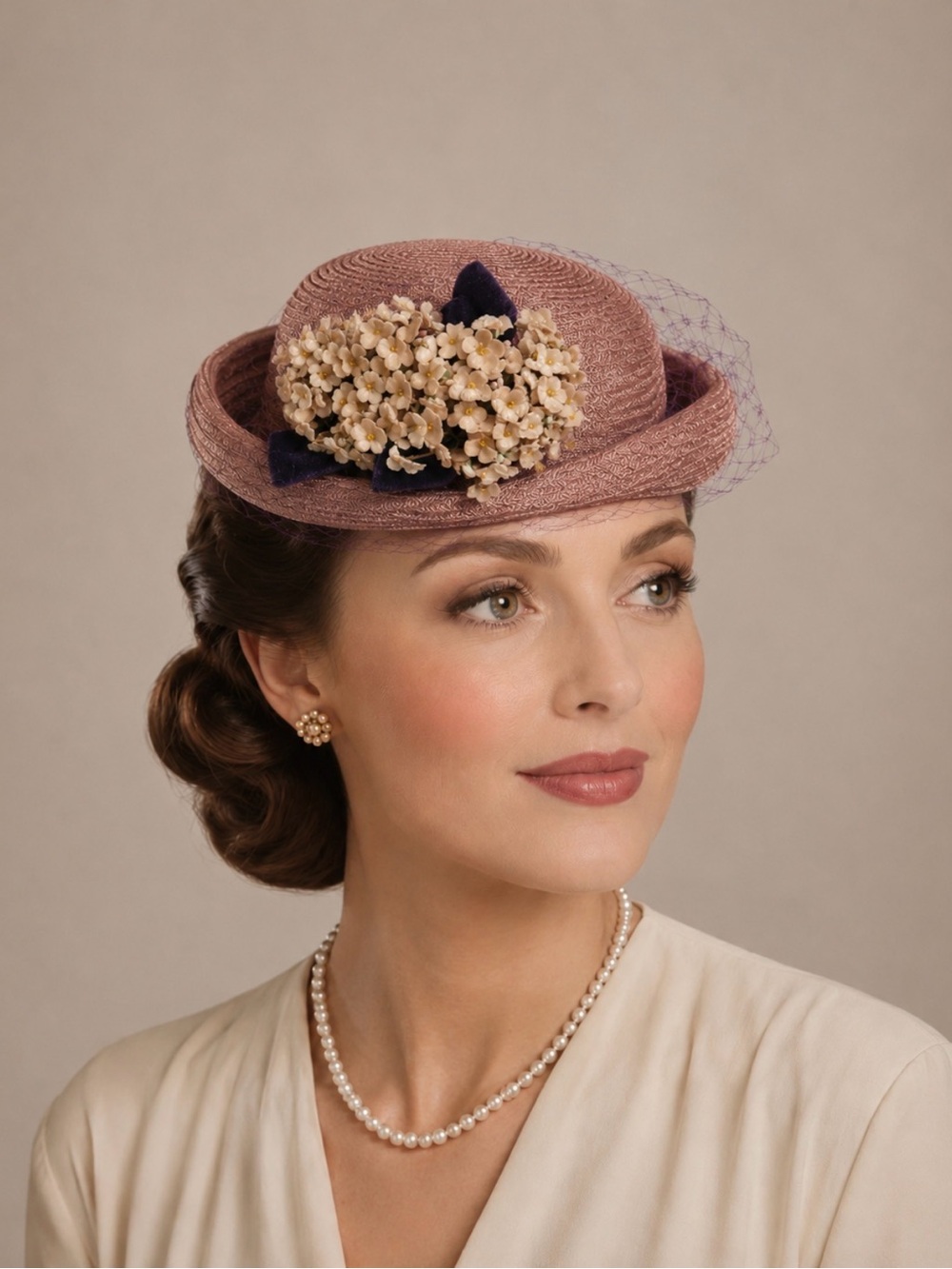 Vintage 1940s 50s Dusty Rose Straw Cloche Tilt Hat Flowers Purple Veil